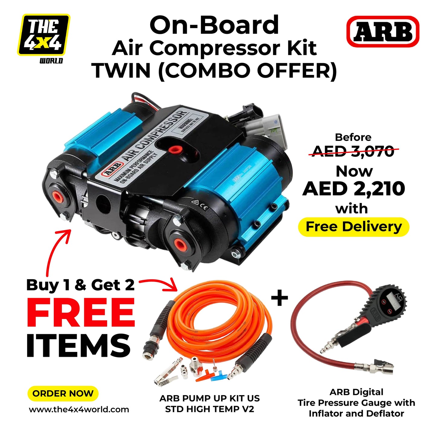 ON BOARD COMPRESSOR KIT, TWIN + PUMP UP KIT US STD HIGH TEMP V2 ( COMBO ) + FREE ARB Tire Pressure Gauge with Inflator and Deflator, Digital