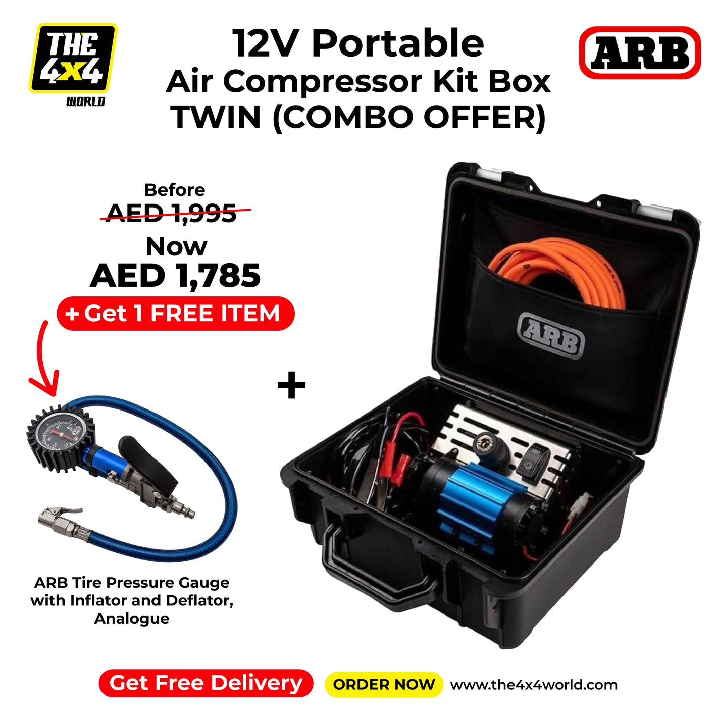 ARB Portable High Performance Single Piston Air Compressor Kit With Box, 12V + ARB Tire Pressure Gauge with Inflator and Deflator, Analogue