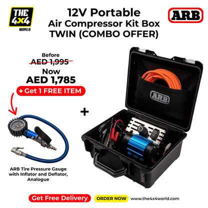 ARB Portable High Performance Single Piston Air Compressor Kit With Box, 12V + ARB Tire Pressure Gauge with Inflator and Deflator, Analogue